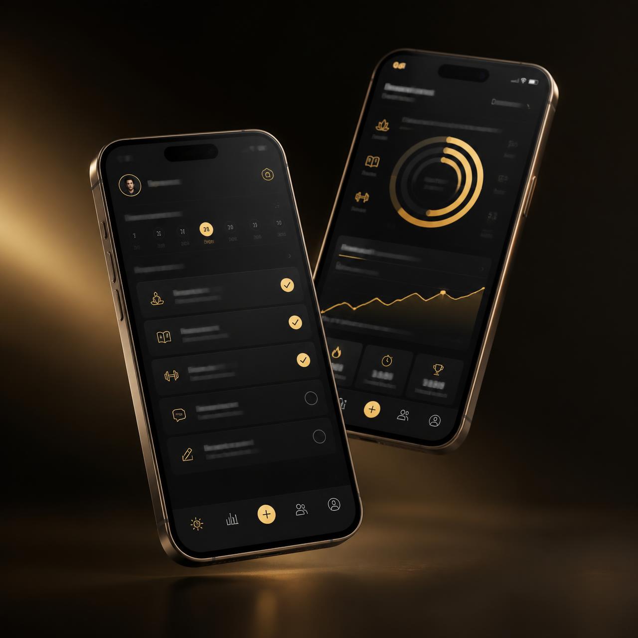 Premium coaching app shown on two phones: daily practice checklist and progress dashboard